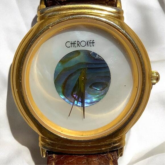 Vintage Cherokee Abalone Face Watch, 1-1/4"D, Leather Band, Needs Battery, EUC - Picture 1 of 5